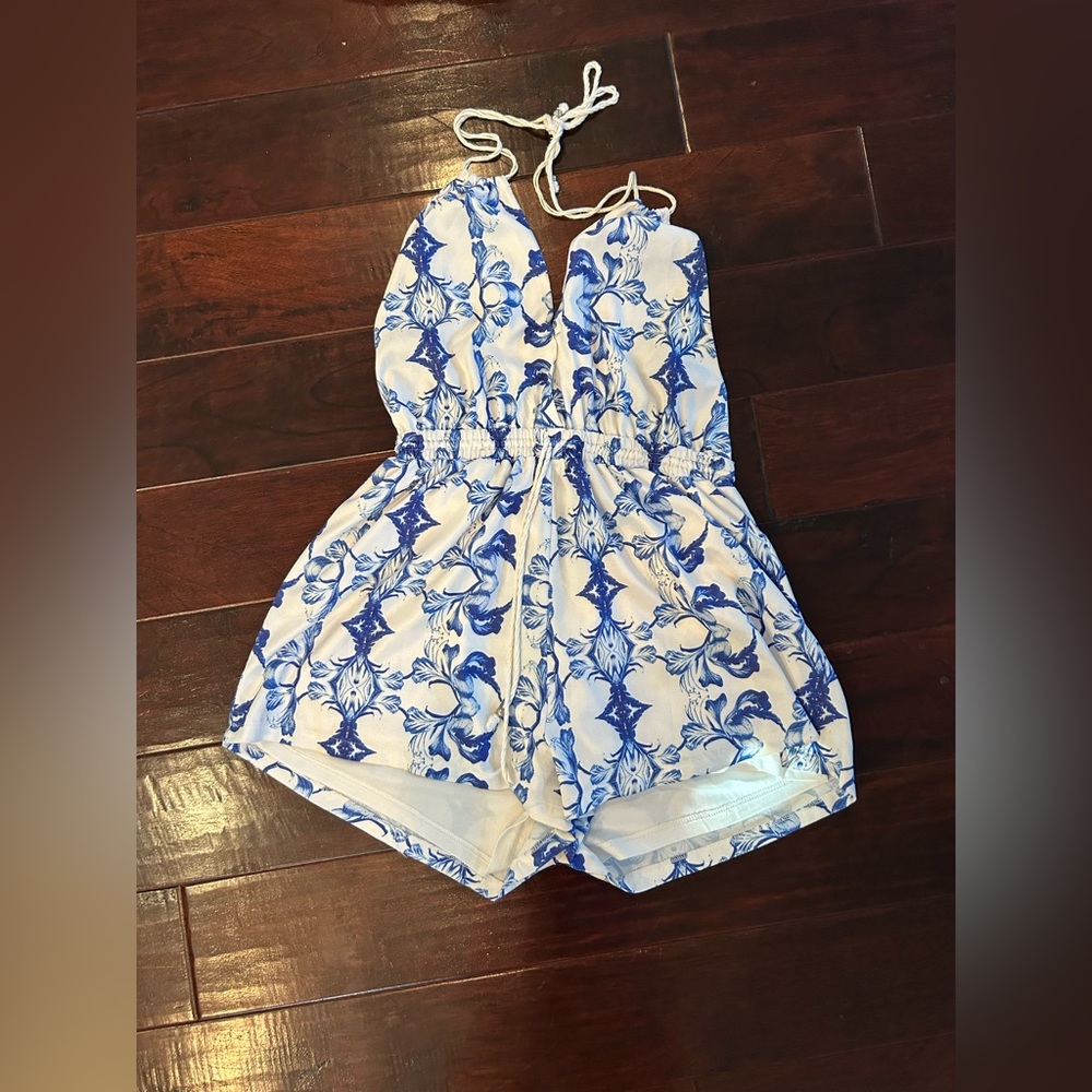 blue and white romper open back with print